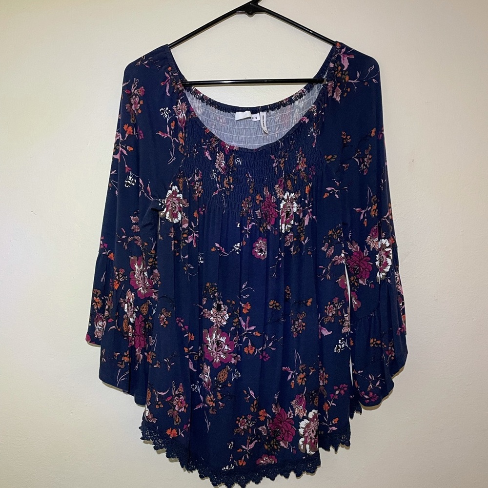 Navy mid length sleeves, off the shoulder